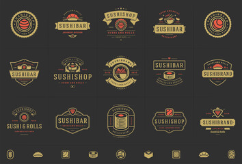 Sushi restaurant logos and badges set japanese food with sushi salmon rolls silhouettes vector illustration