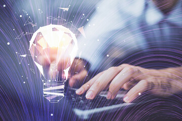 Growing arrows with businessman working on computer on background. Success concept. Double exposure.
