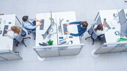 Fototapeta premium In the Bright Busy Office Rows of Diverse Professionals Working on Desktop Computers, Talking, Doing Client Support, Communicating with Customers, Monitoring Statistics. High Angle Shot