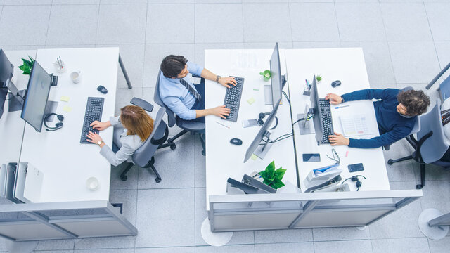 In the Bright Busy Office Rows of Diverse Professionals Working on Desktop Computers, Talking, Doing Client Support, Communicating with Customers, Monitoring Statistics. High Angle Shot