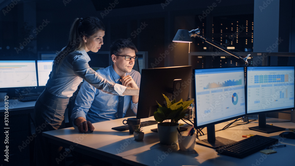 Poster businessman uses desktop computer, his female project manager explains specific tasks, account handl