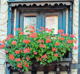 Fototapeta na wymiar Window with flowers on the facade of a house