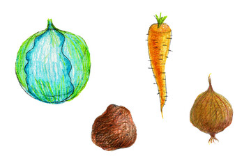 Pencil illustration of vegetables. Collection of healthy farm products isolated on white background. Organic veggies grown in the garden.