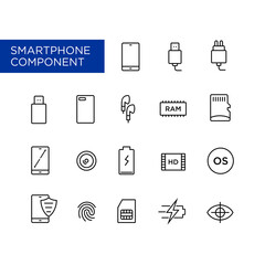 Collection of device icons and smartphone equipment in line icons. Suitable for design elements of product information from smartphones. Touch screen, RAM, operating system, and storage media.