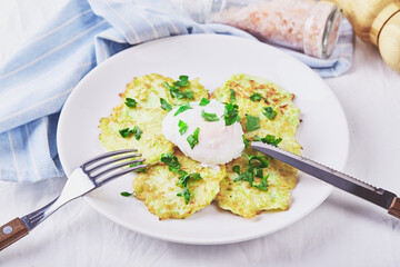 Zucchini pancakes poached egg