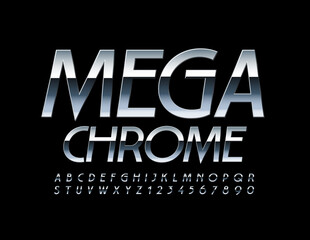 Vector Mega Chrome modern Font. Reflective metal Alphabet. Glossy Silver Letters and Numbers set