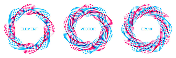 Set of Colorful Spiral Dotted Graphic Elements on White Background. Geometric Vector Frames.