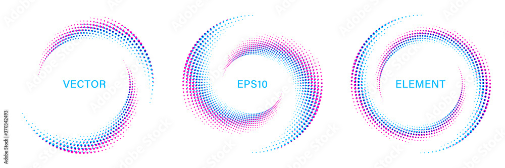 Wall mural set of colorful spiral dotted graphic elements on white background. geometric vector frames.