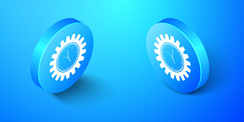 Isometric Time Management icon isolated on blue background. Clock and gear sign. Productivity symbol. Blue circle button. Vector.