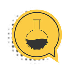 Black Test tube and flask - chemical laboratory test icon isolated on white background. Laboratory glassware sign. Yellow speech bubble symbol. Vector.