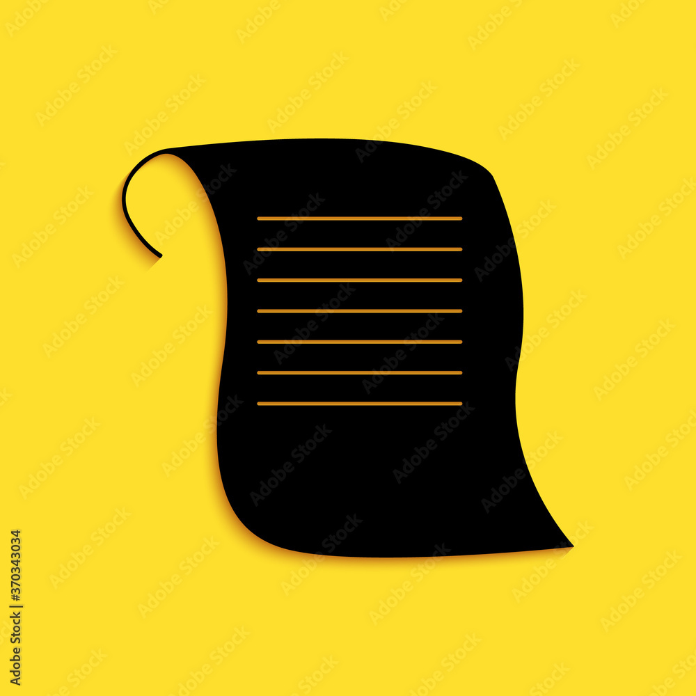 Poster black paper scroll icon isolated on yellow background. canvas scroll sign. long shadow style. vector