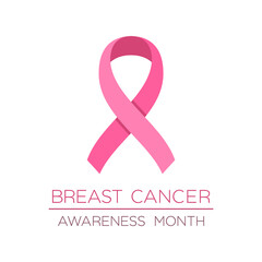 Breast cancer awareness ribbon. Breast carcinoma awareness month poster. Pink ribbon symbol. Disease prevention, diagnosis, treatment, cure and support campaign. Vector illustration, flat, clip art. 