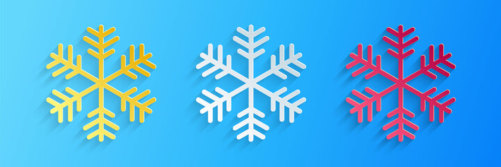Paper cut Snowflake icon isolated on blue background. Paper art style. Vector.