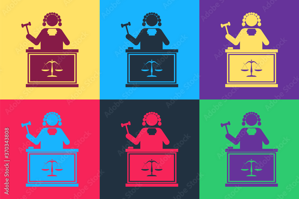 Aufkleber pop art judge with gavel on table icon isolated on color background. vector.