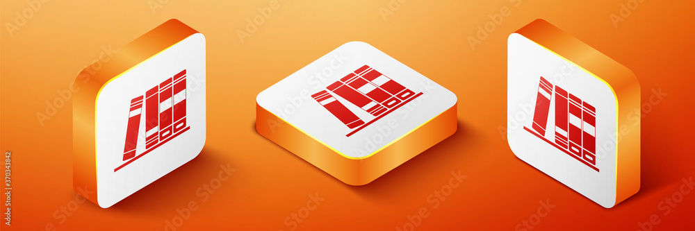 Poster isometric office folders with papers and documents icon isolated on orange background. archives fold