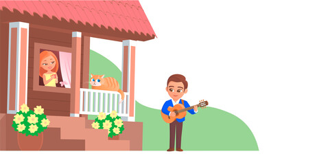 A boy in love plays the guitar under the window of a girl. She looks out with a smile. On the porch is a funny cat. Banner with place for text. Vector cartoon romantic illustration.