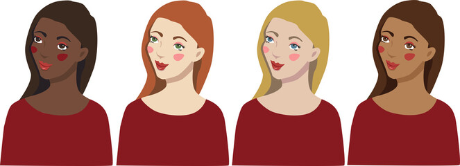 Set of four girl portraits. Vector collection with women of different nationalities and cultures.