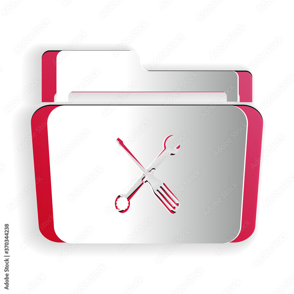 Poster paper cut folder and tools or settings icon isolated on white background. folder with wrench and scr