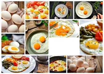 Collage of various dishes. A varied menu of chicken eggs. Fried eggs omelet. Food collage. Free space for text