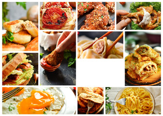 Various tasty food close-up. Food collage. Assortment and menu. Free space for text.