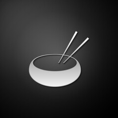 Silver Bowl with asian food and pair of chopsticks silhouette icon isolated on black background. Concept of prepare, eastern diet. Long shadow style. Vector.