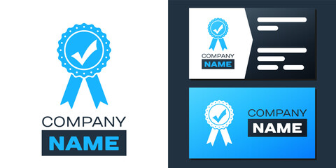 Logotype Approved or certified medal with ribbons and check mark icon isolated on white background. Logo design template element. Vector.