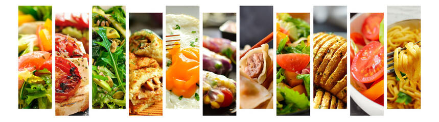 Various tasty food close-up. Food collage. Assortment and menu. Free space for text.