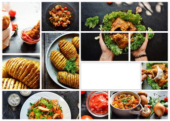 Various tasty food close-up. Food collage. Assortment and menu. Free space for text. Menu cover