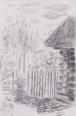 Stock charcoal drawing of Easter European village scenery with part of wooden house, fence and forest on background. Concept for farm products packaging, eco products manufacturing or historic museum.