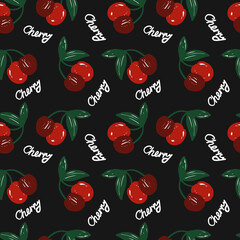 doodle Cherry pattern on black background and text. Perfect for textile,wrapping and etc.