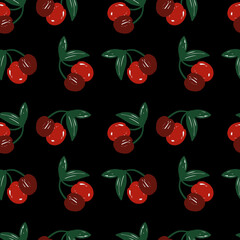 doodle Cherry pattern on black background. Perfect for textile,wrapping and etc.