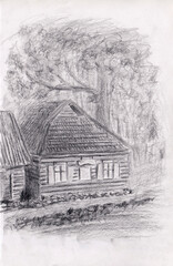 Charcoal pencil drawing of old Eastern European village house with forest on the background. Stock farm pencil illustration. Concept for farm products packaging, eco tourism or historical museum.