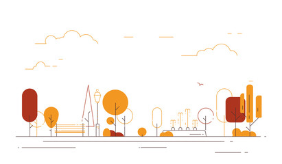 Naklejka premium Autumn park. City park bench, lawn and trees. Flat style thin line vector illustration. Yellow park in center of town. Parks and recreation concept. Yellow trees and line style bench.