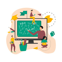 Illustration flat design concept of online education. Students learn in distant during a pandemic coronavisrus. Vector illustration