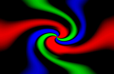 黒バックにカラフルなグラデーションの渦巻きの背景　赤、青、緑