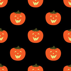 Happy Halloween. Seamless pattern with pumpkins on black background. Vector illustration for festive background decoration, cards, banners, wrappings, holiday designs, prints, textiles, fabrics, etc.