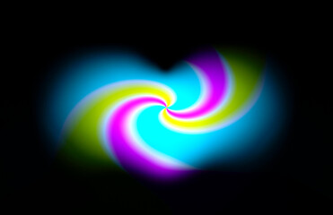 黒バックにカラフルな薄巻きがハート型に見える背景　黒バックに水色、黄色、ピンクのうずまき