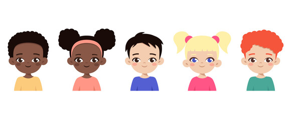 Set of diverse multiethnic children avatars. Cartoon portraits of kids