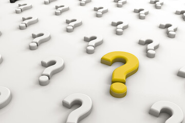3d rendering of question mark on white minimalistic background. Yellow one is different from the others. Wide background site head and cover photo. Pattern for texture of wallpaper. 
