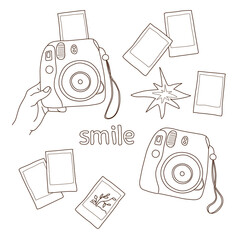instant camera, flashes, film photographer element set, hand drawn - 370347043