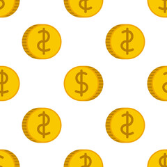 Cartoon dollar coin seamless pattern. Money polka dot background. Golden coin wrapping paper. Vector illustration.  