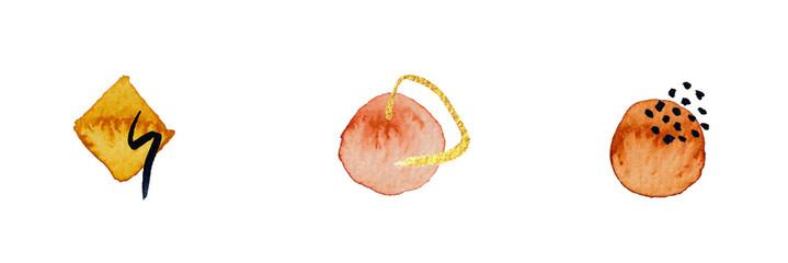 Abstract modern watercolor brush. Black, orange, red, gold, yellow watercolor Illustration isolated on white background. Wedding card. Minimal business card, poster, logo.