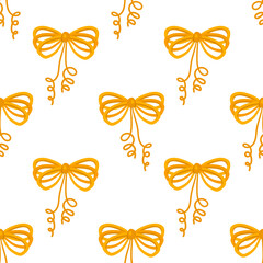 Cartoon seamless pattern with decorative golden bows.  Gift ribbons satin for Christmas gifts, present cards and pack background. Wrapping paper. Vector illustration. 