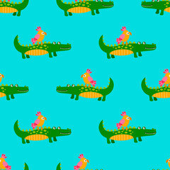 Fototapeta premium Cute parrot and crocodile seamless pattern in flat childlike style. Fantasy animal background. Vector illustration. 