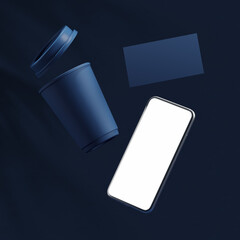 Smartphone with blank screen, paper cup and business card in the air on a blue background. Mock up. 3d rendering