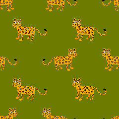 Cartoon cute leopard in flat style seamless pattern. Wild animal background. Childlike style. Vector illustration.   