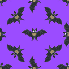 Cartoon happy bat in flat style seamless pattern. Halloween background. Vector illustration.    