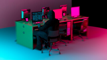 Hackers in action on large corporate servers. Pirated information and business secrets. Hacking connection. Steal information and spread it online. 3d render
