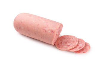Boiled sausage isolated on white background. Slices.