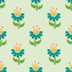 Cute cartoon flowers in childlike flat style seamless pattern. Floral background. Vector illustration.   